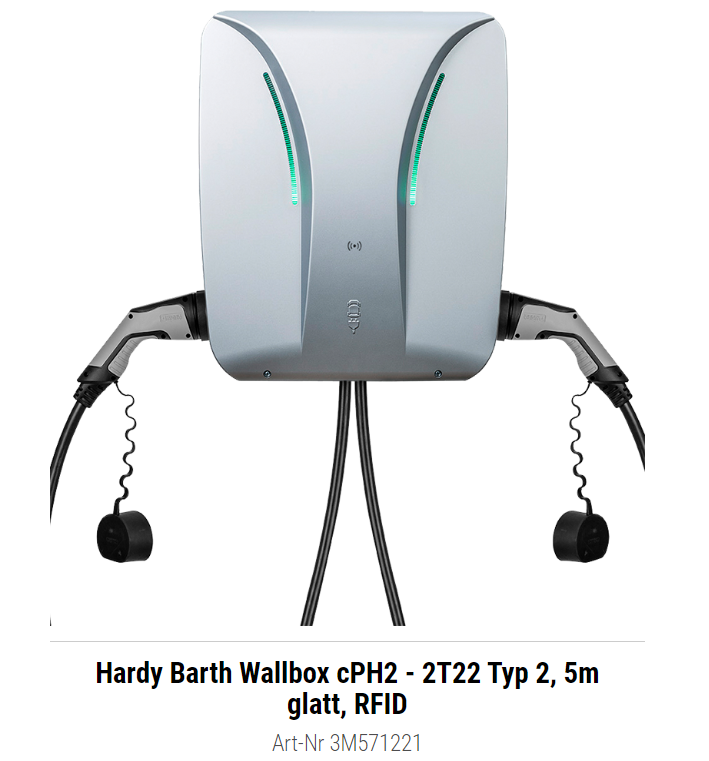 Hardy Barth Wallbox cPH2 – 2T22 Typ 2 Ladekabel 7m glatt (li), Typ 2 Ladekabel 4m spiral (re),RFID