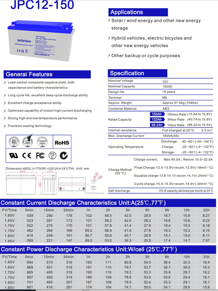 12V 150Ah Lead Carbon Kohlenstoff Batterie mit sehr hoher Lebensdauer