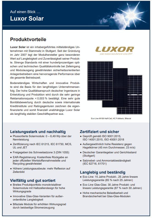 Luxor ECO LINE M108 Glas/Glas TOPCon, 455Wp, Bifazial, White mesh