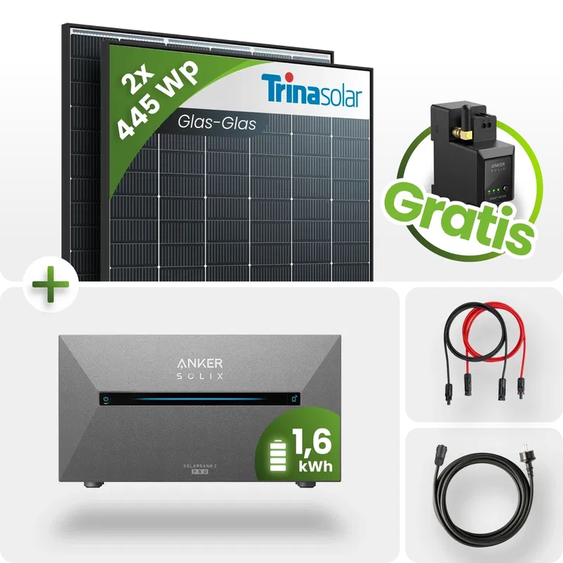890Wp Balkonkraftwerk 1,6kWh Speicher Anker Solarbank 2 – 2x445Wp Trina Black Frame Monofazial