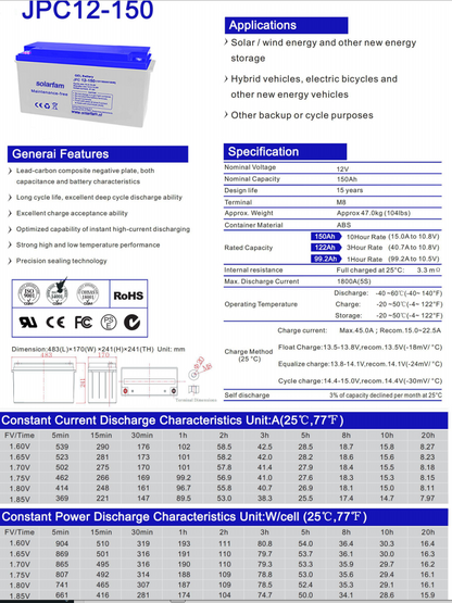 12V 150Ah Lead Carbon Kohlenstoff Batterie mit sehr hoher Lebensdauer