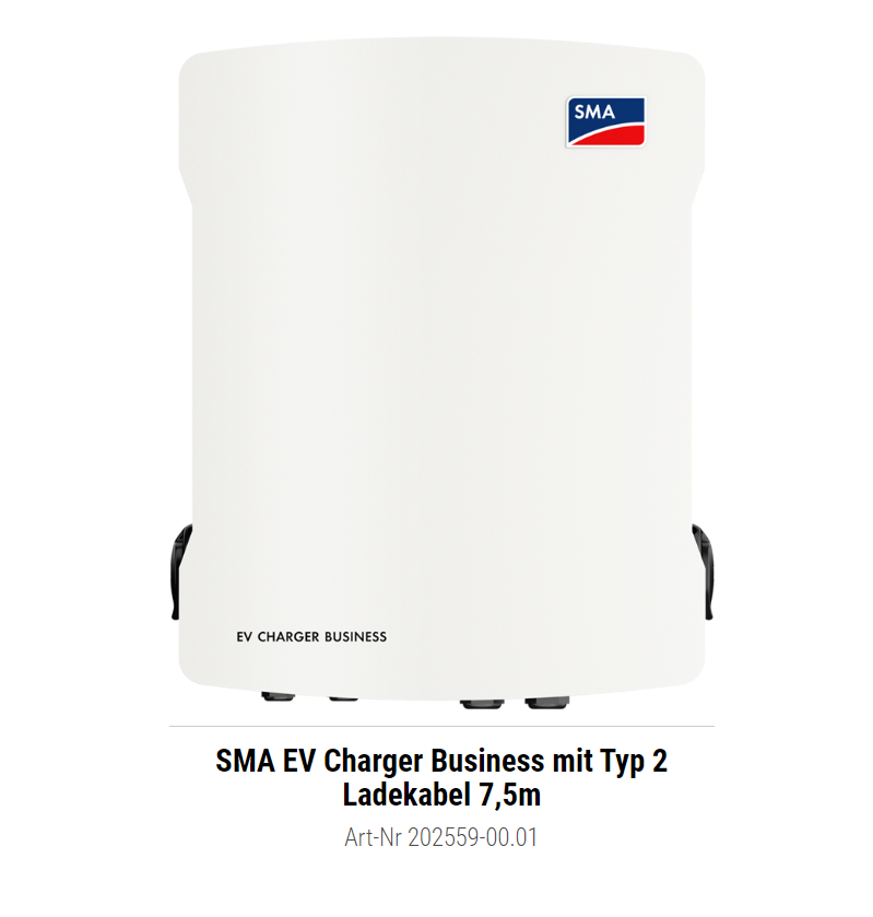 SMA EV Charger Business mit Typ 2 Ladekabel 7.5m