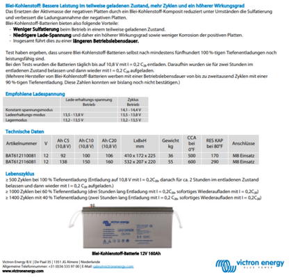 Victron Lead Carbon Solarbatterie 12V 106Ah (M8) Blei-Kohlenstoff