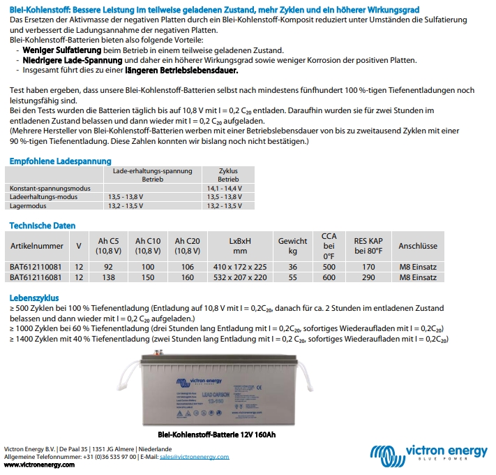 Victron Lead Carbon Batterie 12V 160Ah (M8) Blei-Kohlenstoff