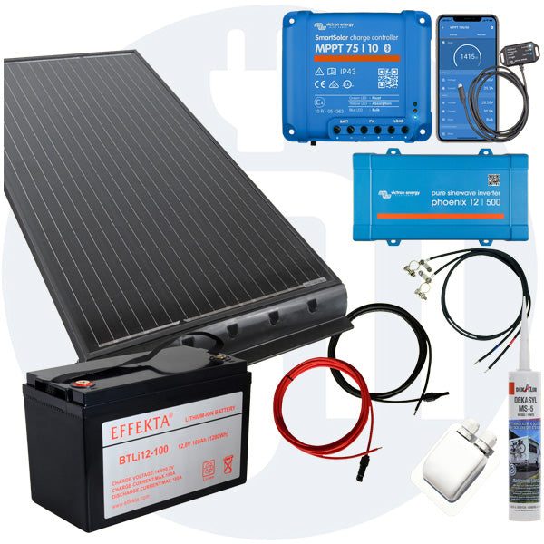 100 Watt Wohnmobilsolaranlage Set mit Victron 75/10 inkl. Bluetooth in schwarz