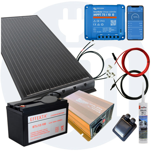 100 Watt Wohnmobilsolaranlage Set mit Victron 75/10 inkl. Bluetooth in schwarz